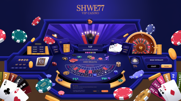 Shwe77 VIP ကာစီနိုအင်္ဂါရပ်များနှင့် ဆုလာဘ်များကိုပြသသည့် ဇိမ်ခံကာစီနိုအင်တာဖေ့စ်။